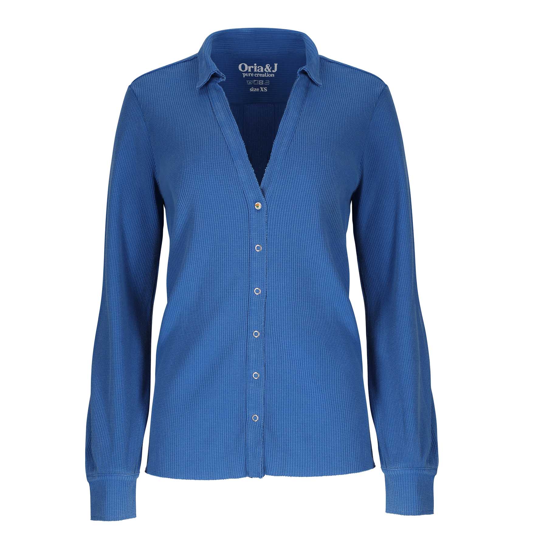 חולצת וואפל מכופתרת לנשים בצבע כחול